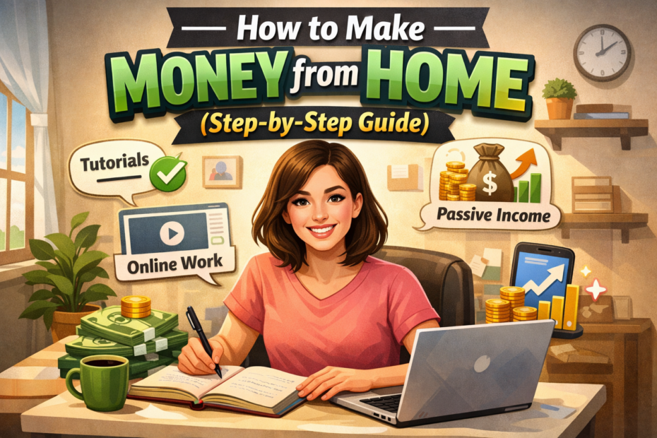 Young woman working at a desk in a home office, illustrating how to make money from home step-by-step.